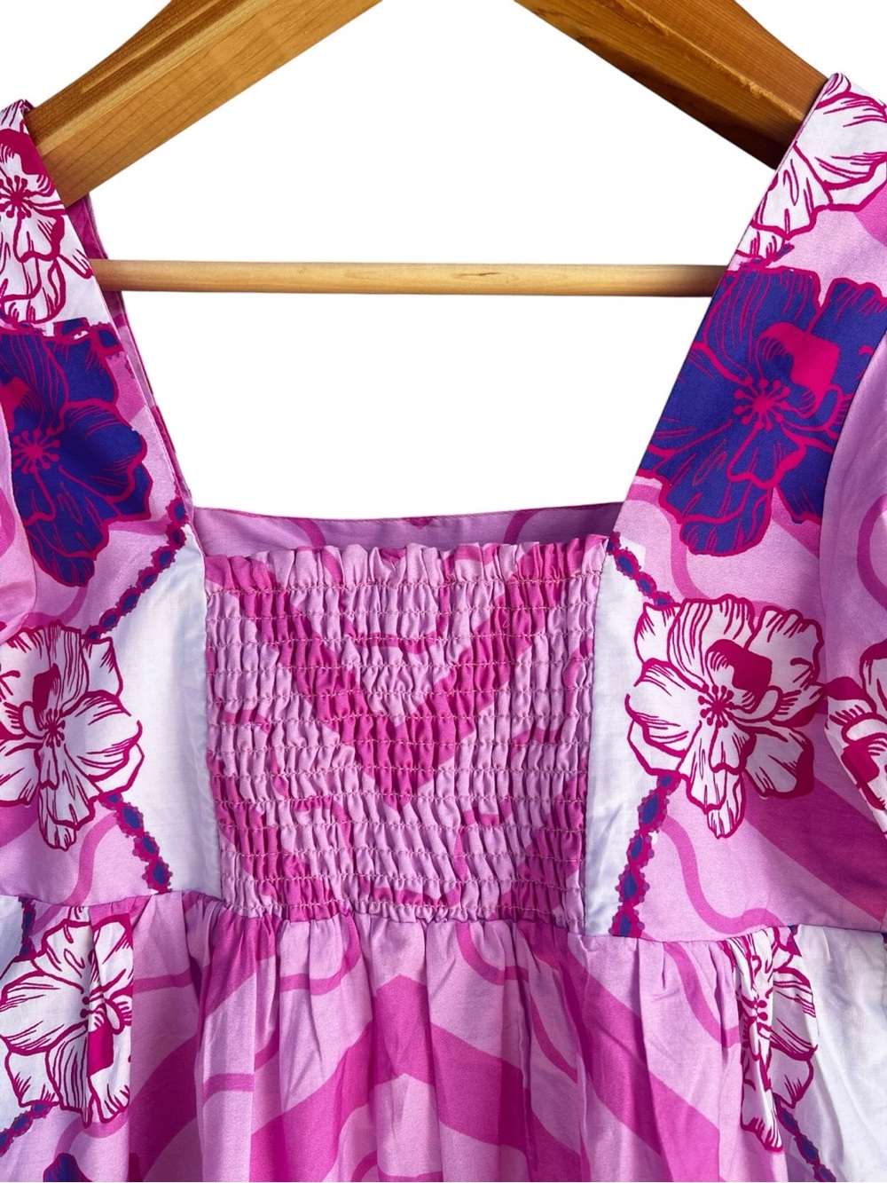 Celina Moon Pink Chevron Floral Border Mini Dress Puff Sleeve Square Neck S NWT - Picture 8 of 12